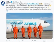 空客推特發(fā)文：慶?！笆澜顼w行員日”
-空運(yùn)寵物